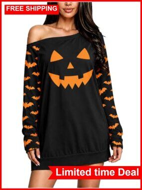 Halloween Pumpkin Off-Shoulder Sweatshirt Dress